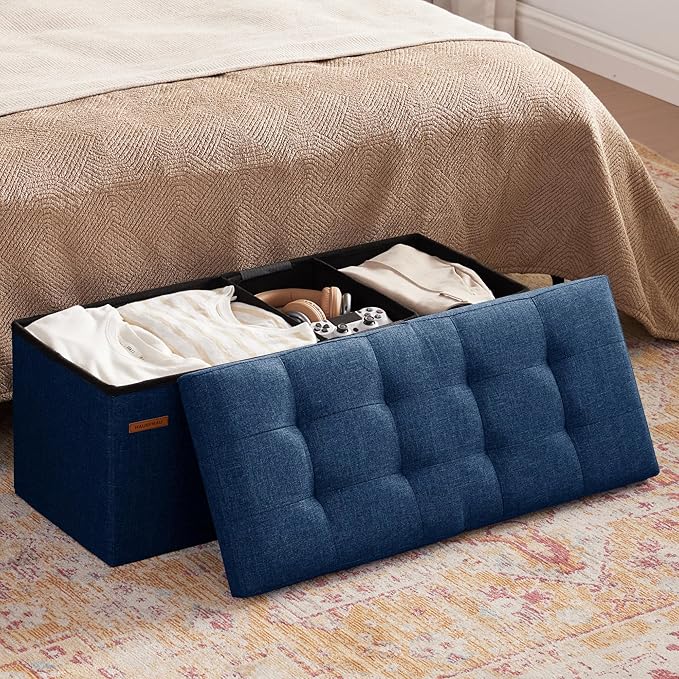 HAUSFRAU 31.5 Inches Ottoman with Storage Bench, Folding Ottoman Bench Small Foot Rest Stool, Bedroom Bench with Flipping Lid, Linen Navy Blue