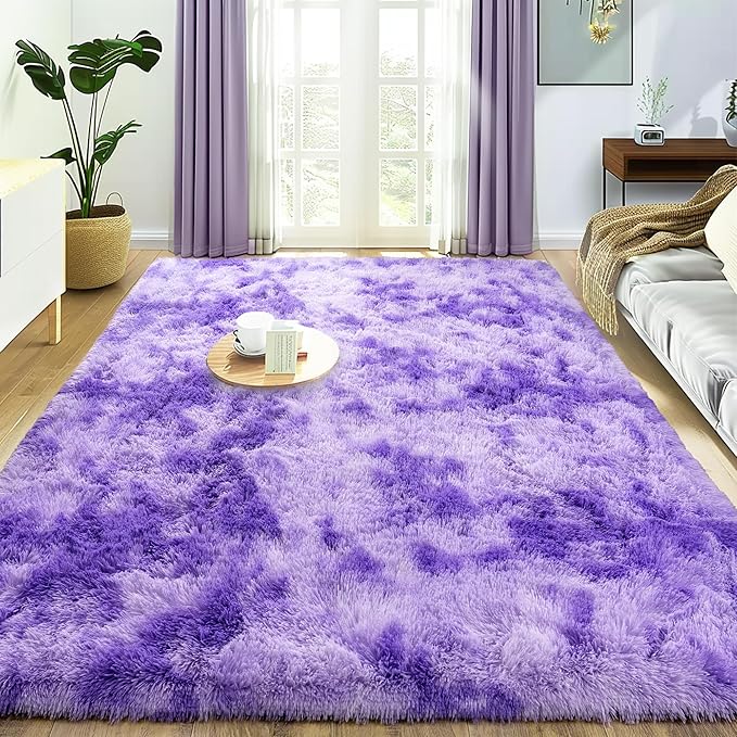Small Rugs for Bedroom, Fuzzy Throw Rug for Living Room Dorm, Soft Fluffy Bedroom Rug, Non Slip Shag Rugs, Modern Indoor Home Decor Aesthetic, 2x3 Feet, Tie-Dyed Purple