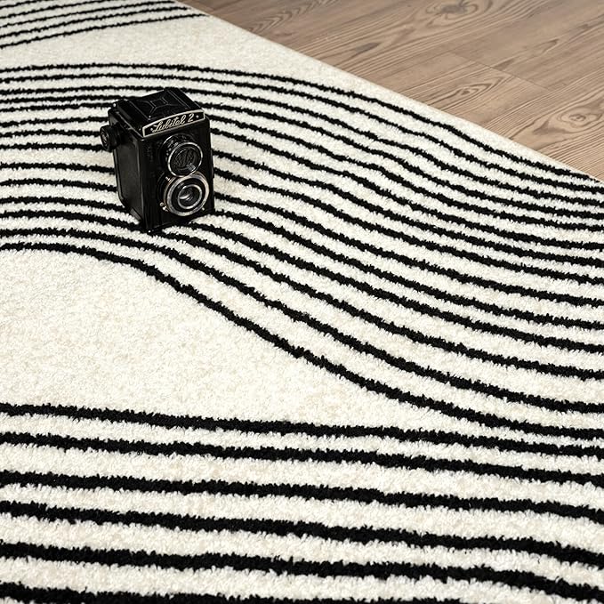 Abani Nuevo Beige Black Swirls Modern Area Rug 6' Round for Living Room, Bedroom - Abstract Design - Durable & Easy to Clean