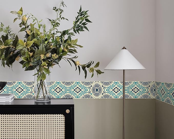 FLFK Mirror Frame Border - Geometric Peel and Stick Wall Borders Wallpaper Decal Trim Tape Teal and Navy Blue 4" x 240"