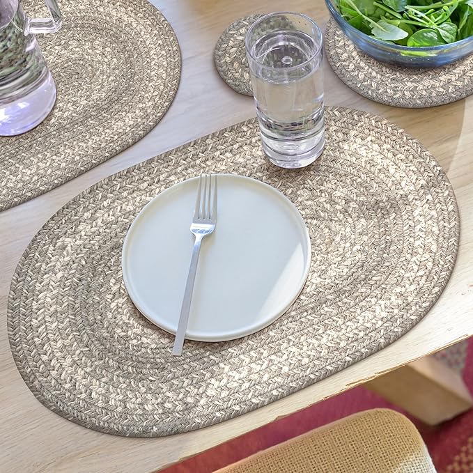 Homespice Grey Cloud Jute Braided Placemats, Warm Country Decor, Set of 4, Grey 13x19 Oval Table Mats - Vibrant Colors, Durable, Easy to Clean and Protects Furniture