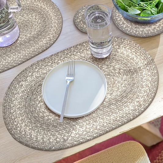 Homespice Grey Cloud Jute Braided Placemats, Warm Country Decor, Set of 4, Grey 13x19 Oval Table Mats - Vibrant Colors, Durable, Easy to Clean and Protects Furniture