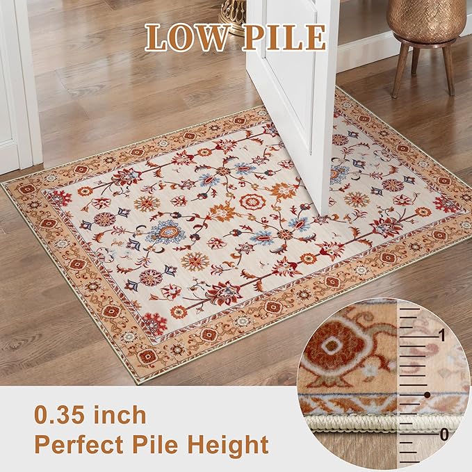 Tangsoo Washable Runner Rug for Hallway Non Slip, 2x5 Boho Floral Vintage Carpet Runner Rugs for Entryway, Floor Low Pile Runners for Kitchen Bathroom Laundry Bedroom Alfombra Orange Farmhouse