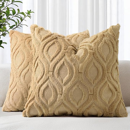 decorUhome Spring Throw Pillow Covers 18x18 Inch Set of 2, Soft Plush Faux Wool Khaki Solid Couch Pillow Covers, Accent Farmhouse Neutral Square Pillow Cases for Sofa Bed Living Room