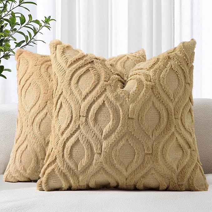 decorUhome Spring Throw Pillow Covers 16x16 Inch Set of 2, Soft Plush Faux Wool Khaki Solid Couch Pillow Covers, Accent Farmhouse Neutral Square Pillow Cases for Sofa Bed Living Room