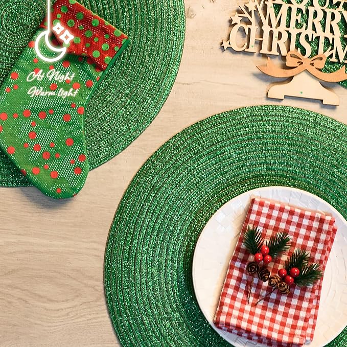 AHHFSMEI Round Braided Placemats 15 Inch Round Table Mats for Dining Tables Natural Woven Heat Resistant Place mats Set of 6 (Green Shine)