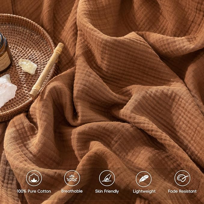 MooMee Muslin Blanket - 100% Cotton 4-Layer Gauze Throw Blanket with All-Around Fringe, Ultra-Soft Breathable Lightweight Cooling Decorative for Bed, Sofa & Couch (Drak Orange, Queen 90" x 90")