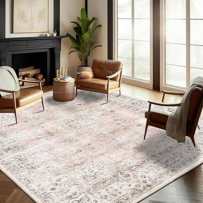 Washable Area Rug 9'x12' Retro Boho Design Non-Shedding Easy Care Ideal for High Traffic Areas in Living Room Bedroom Office Coffee Table Kitchen Large Carpet