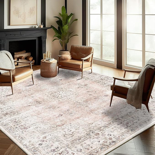 Washable Area Rug 9'x12' Retro Boho Design Non-Shedding Easy Care Ideal for High Traffic Areas in Living Room Bedroom Office Coffee Table Kitchen Large Carpet