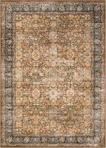 Morebes Washable Living Room Rug 5x7, Vintage Room Rugs for Bedroom Non-Slip, Soft Low-Pile Non-Shedding Dark Brown Rug Indoor Floral Print Throw Carpet for Bedside Farmhouse Dining Room