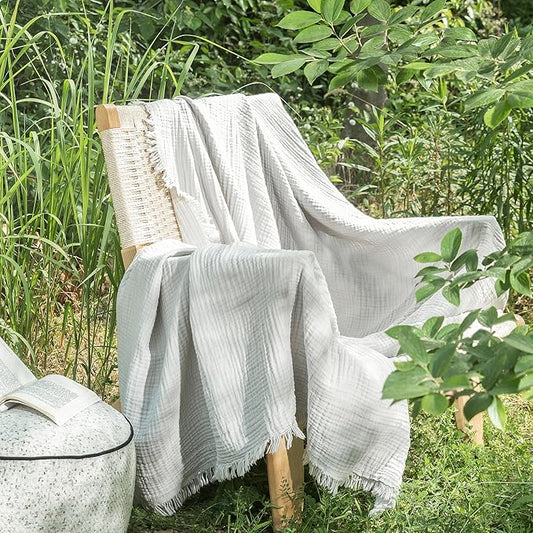 MooMee Muslin Blanket - 100% Cotton 4-Layer Gauze Throw Blanket with All-Around Fringe, Ultra-Soft Breathable Lightweight Cooling Decorative for Bed, Sofa & Couch (Light Grey,Throw XL 50" x 70")