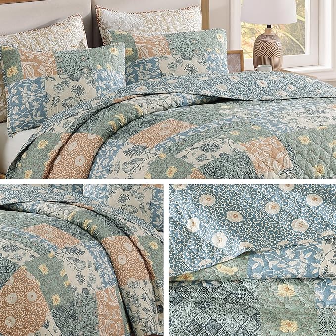 CASAAGUSTO King Size Quilt Set - 3 Pieces Patchwork Green Quilt Bedding Set, Lightweight King Bedspread Coverlet, Reversible Floral Bed Cover for All Seasons (106"x94", 1 Quilt + 2 Pillow Shams)