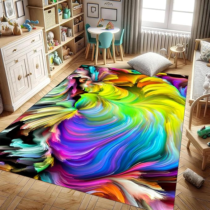 Super Soft Living Room Area Rug Non-Slip Washable Foldable Stain Resistant Rug Modern Abstract Art Rug Colorful Water Wave Print Indoor Dining Room Bedroom Office Carpet 6x9ft
