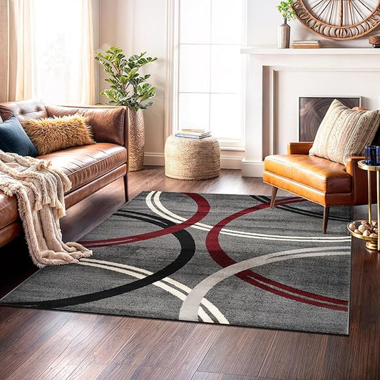 Rugshop Modern Wavy Circles Design Non-Shedding Square Rug, Carpet for Dining Room or Living Room, Red, 6'6" x 6'6"