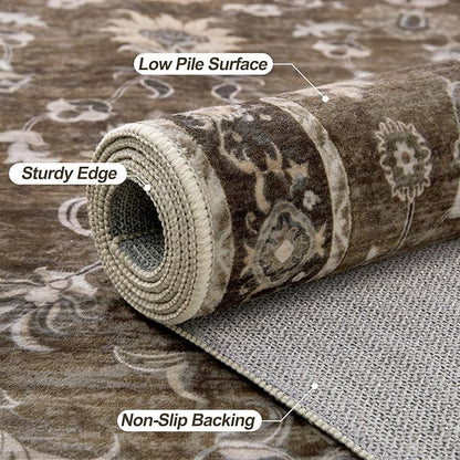 Tangsoo 2x6 Washable Runner Rug for Hallway, Non Slip Boho Vintage Brown Floral Rug Runner for Kitchen Entryway, Distressed Floor Carpet Soft Low Pile Indoor Mat for Bedroom Bathroom Laundry