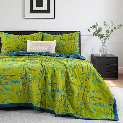 100% Cotton Muslin Jacquard 3 Piece Quilt Set Botanical Bamboo Leaf Print, Soft 3 Layers Gauze Bed Cover Reversible Bedspread Coverlet Breathable Lightweight Bedding Set, King