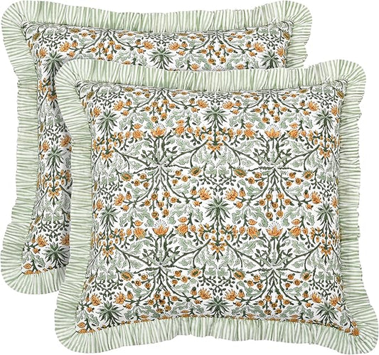 Ridhi Modern Farmhouse Pillow Covers Decorative Cotton Throw Pillow Covers Set of 2 Goldenrod Yellow Cushion Covers with Ruffle for Couch Sofa Bed Living Room Spring Home Decor 18x18
