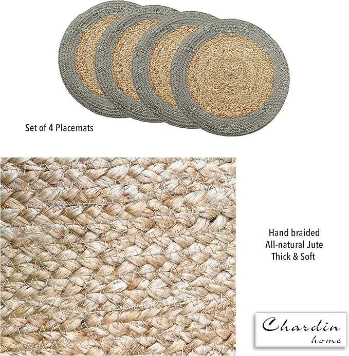 Chardin home Round Verona Woven Jute & Cotton Braided PLACEMAT (Set of 4), Size -15” Round, Color - Natural Jute with Grey Border