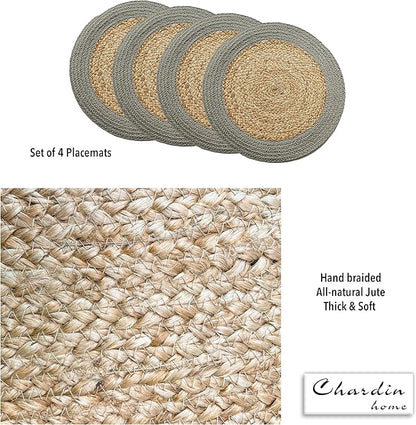 Chardin home Round Verona Woven Jute & Cotton Braided PLACEMAT (Set of 4), Size -15” Round, Color - Natural Jute with Grey Border