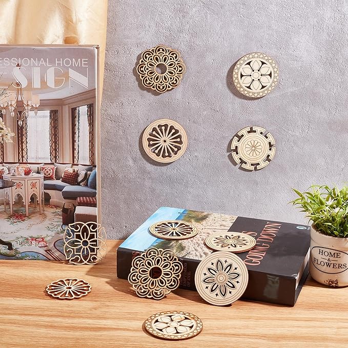 GORGECRAFT 7 Style 14Pcs Wooden Carved Onlay Appliques Carving Decal Corner Craft Unpainted Furniture Home Window Decoration Wood Carving Decal for Dresses Door Cabinet Wardrobe Ceiling, Round