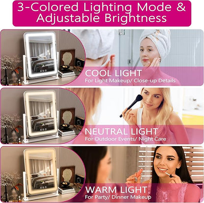 Hollywood Vanity Mirror with Lights, 17" L x 13" W LED Lighted Makeup Mirror, Dimmable & Three Color Lighting Modes, 10X Magnification Mirror, CRI>95% HD, 20W High Brightness (96 LED)