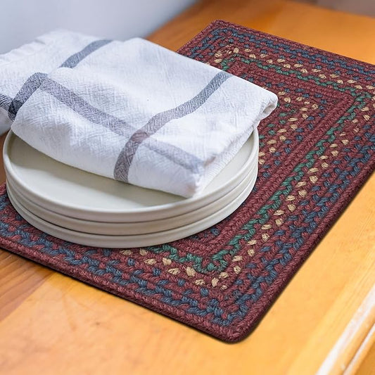 Homespice Jamestown Jute Braided Placemats for Table, Set of 4-10x15, Rectangle, Burgundy - Vibrant Colors, Durable, Easy to Clean and Protects Furniture