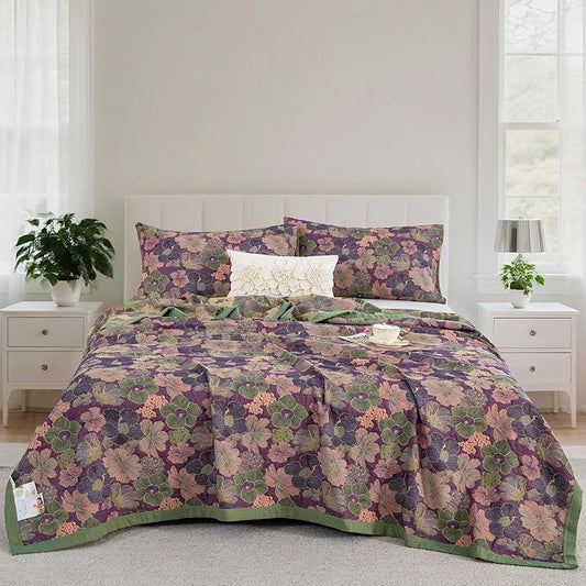 100% Cotton Muslin Jacquard 2 Piece Quilt Set Floral Peach Blossom Print, Soft 3 Layers Gauze Bed Cover Reversible Bedspread Coverlet Breathable Lightweight Bedding Set, Twin