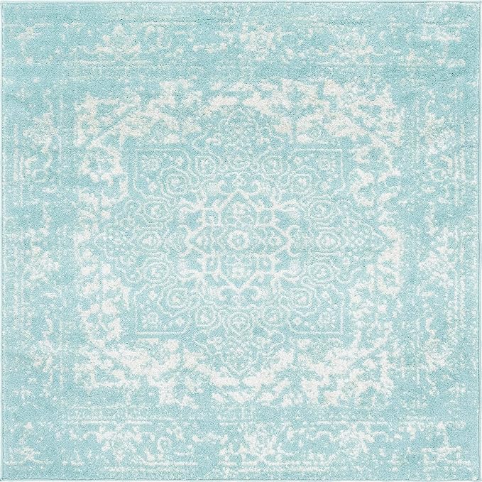 Rugs.com Arlington Collection Rug – 5 Ft Square Aqua Medium-Pile Rug Perfect for Living Rooms, Kitchens, Entryways