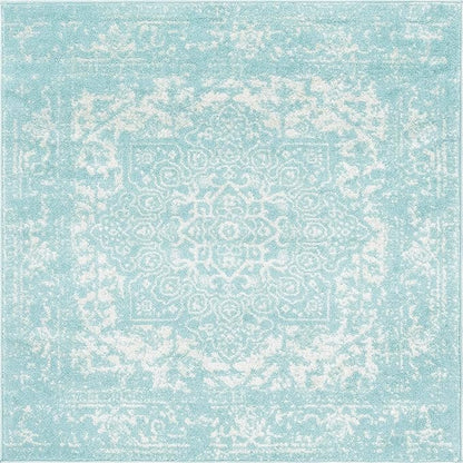 Rugs.com Arlington Collection Rug – 5 Ft Square Aqua Medium-Pile Rug Perfect for Living Rooms, Kitchens, Entryways