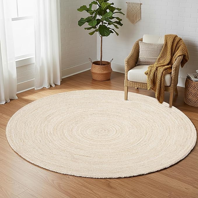 Hausattire Jute Braided Rug, 5’ Round – Off White, Reversible Boho Entry Area Rugs for Kitchen, Living Room, Bedroom I Farmhouse Hand Woven Decorative Floor Carpet Mat, 5 Feet Round