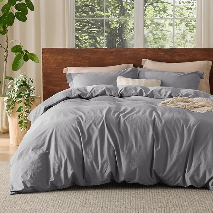 Bedsure 100% Washed Cotton Duvet Cover Queen Size - Grey Minimalist Cotton Duvet Cover Linen Like for All Seasons - GentleSoft™ Plain Simple Bedding, 3 Pieces (Grey, Queen, 90"x90")