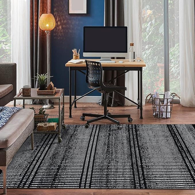 Rugshop Contemporary Stripe Lines High Traffic Living Room,Bedroom,Kitchen, Home Office Area Rug 5' x 7' Black