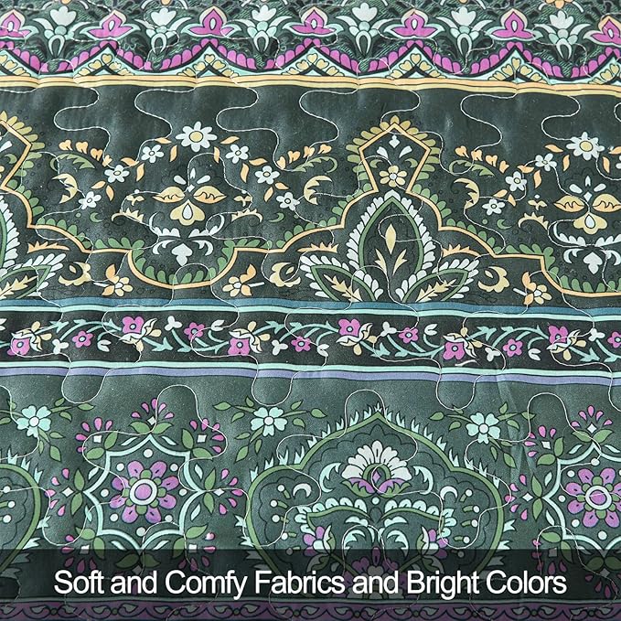 WONGS BEDDING Boho Quilt Queen Size, Green Bohemian Queen Quilt, Lightweight Microfiber Bed Decor Bedspread for All Season 96"x90"(3 Pieces)