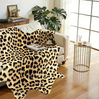 AROGAN Premium Leopard Print Rug 4.6x5.2 Feet, Faux Fur Cheetah Rug, Non-Slip Animal Print Hide Leopard Skin Area Rug for Bedroom Living Room Home Decor