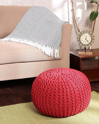 REDEARTH · Round Pouf Ottoman - Hand Knitted Cable Boho Poof - Foot Stool Bean Bag - Home Décor Stuffed Footrest for Living Room - Nursery - Bedroom - 100% Cotton Poufs (19.5"x19.5"x14") - Red