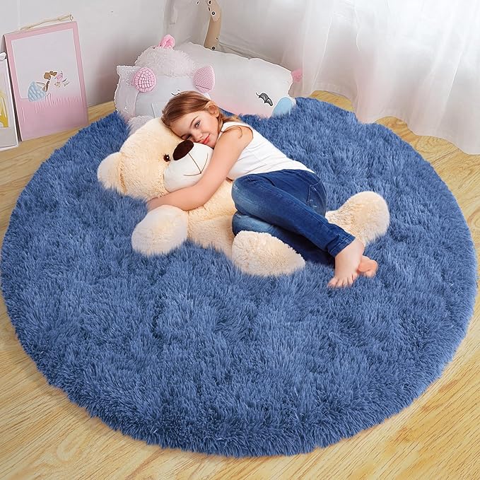 Round Fluffy for Bedroom Rugs, 4Ft Navy Blue Shag Circle Rug Non-Slip for Kids Girls Boys Bedroom Dorm Nursery Playroom, Soft Cute Area Rugs for Living Room Decor