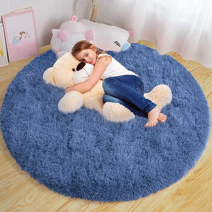 Round Fluffy for Bedroom Rugs, 4Ft Navy Blue Shag Circle Rug Non-Slip for Kids Girls Boys Bedroom Dorm Nursery Playroom, Soft Cute Area Rugs for Living Room Decor