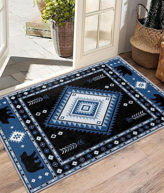 Aztec Rug 4x6 - Southwestern Bear Cabin Area Rugs for Bedroom Living Room, Rustic Ethic Machine Washable | Non-Slip | Low Pile Carpets, Native American Home Decor (Blue White Black)