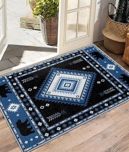 Aztec Rug 8x10 - Southwestern Bear Cabin Area Rugs for Living Room Bedroom, Rustic Western Machine Washable | Non-Slip | Soft Large Carpets, Native American Home Decor (Blue White Black)