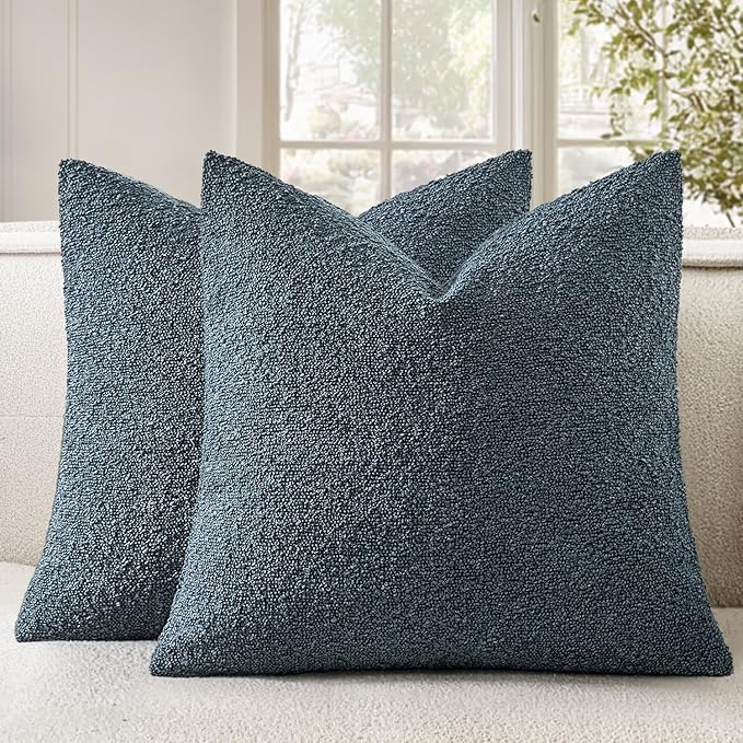 Woaboy Pack of 2 18x18 Inch Decorative Boucle Throw Pillow Covers Textured Square Pillowcaes Accent Solid Cozy Soft Cushion Covers Home Decor for Sofa Couch Living Room Home Decor,Dark Blue