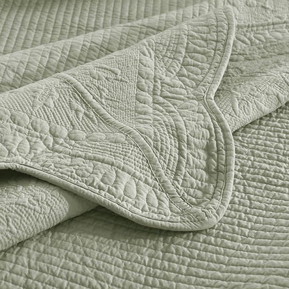 MarCielo 3-Piece 100% Cotton Oversized Bedspread Lightweight Quilt Coverlet Embroidery Farmhouse Bedding Set (TG Pale Green, Oversized Queen (100"x106"))