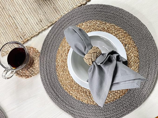 Chardin home Round Verona Woven Jute & Cotton Braided PLACEMAT (Set of 4), Size -15” Round, Color - Natural Jute with Grey Border