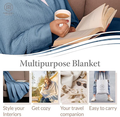 Threadmill Luxury Cotton Blankets for Twin Size Bed | All-Season 100% Cotton Twin Blanket for Bed | Herringbone Soft & Cozy Fall Thermal Blanket, 350GSM, 68x92 inches | Folkstone Blue