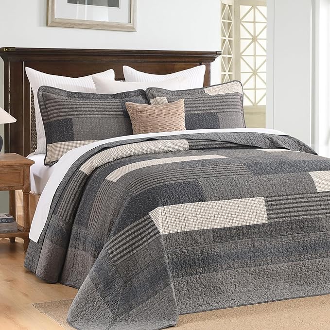 100% Cotton 120"x120" Oversized Quilt Bedspread, Plaid Pattern California King Extra Large Quilt Bedding Set, Cal King XL Bed Spread Lightweight Comforter, Gray, 3Pcs