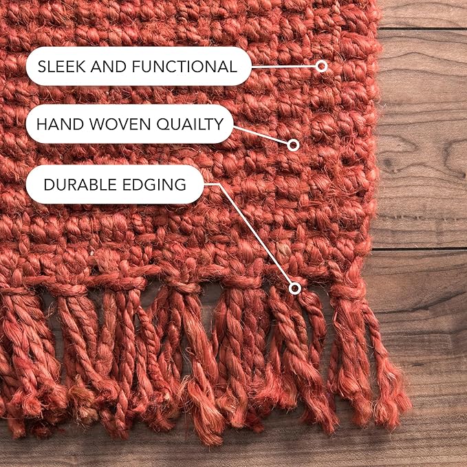nuLOOM 8x10 Daniela Jute Tassel Hand Woven Area Rug, Brick, Solid Chunky Farmhouse Design, Natural Fiber, For Bedroom, Dining Room, Living Room, Hallway, Office, Entryway