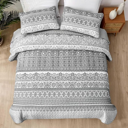 WONGS BEDDING Boho King Quilt Set, Grey Bohemian King Quilt Bedding Set, Lightweight Microfiber Bed Decor Bedspread for All Season 103"x90"(3 Pieces)