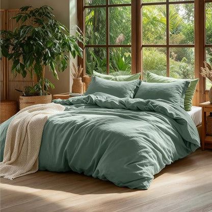 Bedsure 100% Washed Cotton Duvet Cover Queen Size - Iceberg Green Minimalist Cotton Duvet Cover Linen Like for All Seasons - GentleSoft™ Plain Simple Bedding (Iceberg Green, Queen, 90"x90")