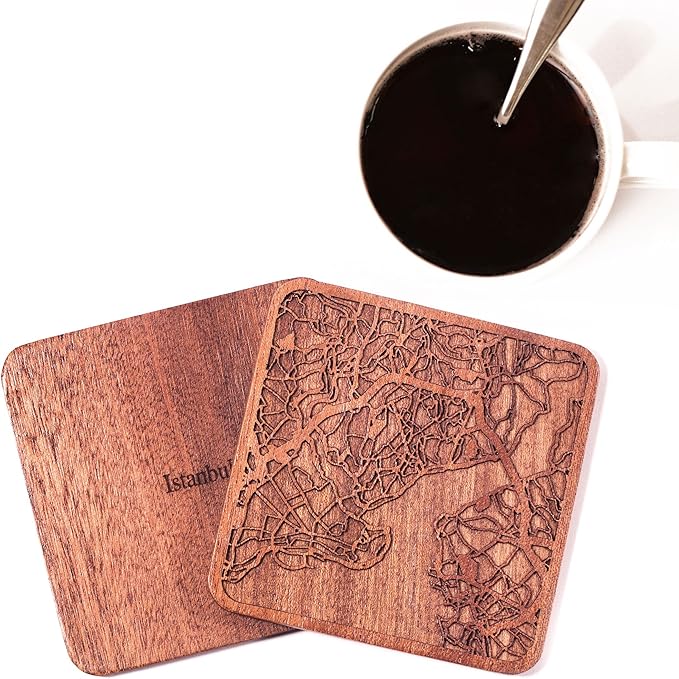 Istanbul Map Coaster by O3 Design Studio, Set Of 4, Sapele Wooden Coaster With City Map, Handmade