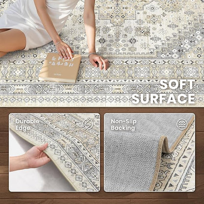 zesthome 3x5 Rug Ultra Soft Washable Rug, Non Slip Area Rug Indoor Entrance, Stain Resistant Rugs for Living Room Bedroom, Vintage Home Decor Area Rugs (Beige,3'x5')
