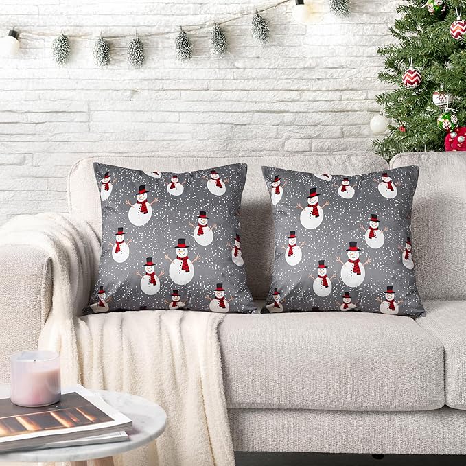 PAVILIA Holiday Throw Pillow Covers 20x20 Set of 2, Decorative Pillow Cases Bed Sofa Couch, Christmas Winter Accent Decor Cushion Bedroom Living Room, Velvet Square Euro Sham Covers, Snowman Gray